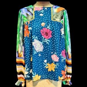 Watercolor floral whimsical blouse multicolor rainbow artsy stripes sheer Y2K